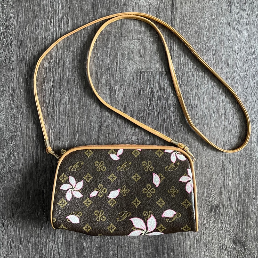 Brown Pink Floral Printed Crossbody Bag / Clutch - Picture 1 of 11
